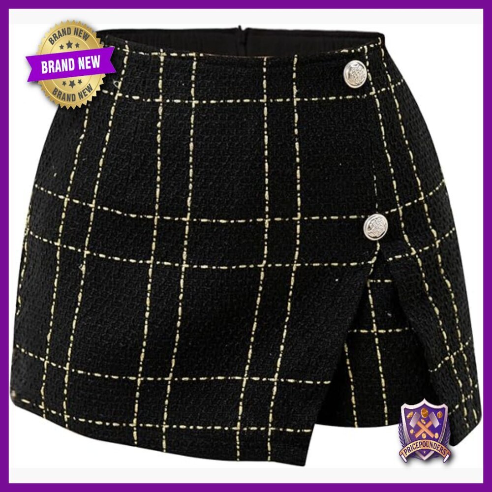 High Waist Plaid Skorts with Asymmetrical Hem Button Front Tweed Shorts